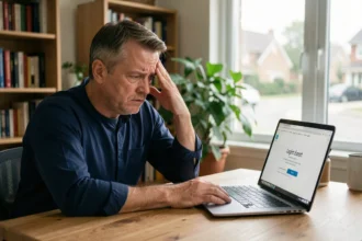 Homme frustré devant un écran d'ordinateur affichant une erreur de connexion sur un compte La Poste