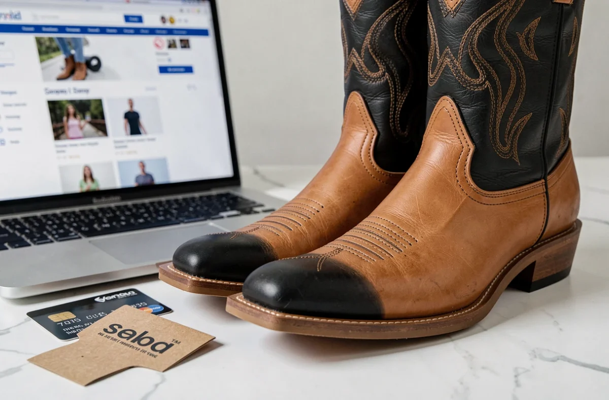 Gros plan de boots cowboy neuves en cuir noir et tan posées près d'un ordinateur portable affichant un site d'achat en ligne