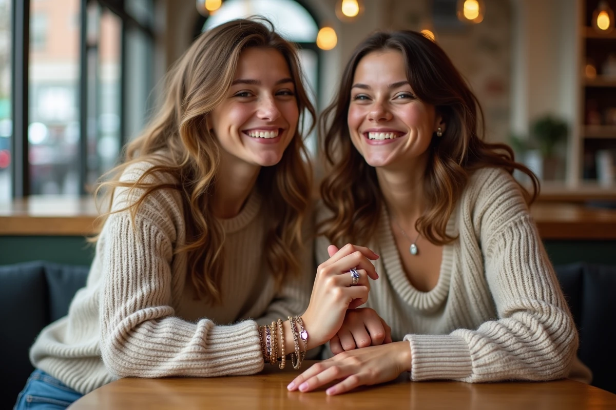 Deux adolescentes souriantes portant bagues cœur BFF et bijoux
