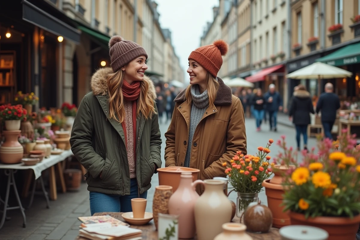 Deux amis discutant au marché vintage de Lille en automne