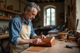 Artisan maroquinier français cousant à la main un sac en cuir dans un atelier parisien traditionnel