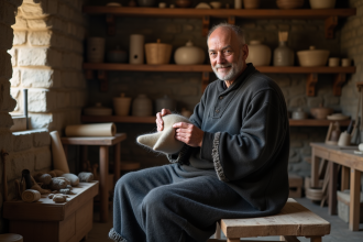 Artisan medieval façonnant un chapeau en feutre dans son atelier