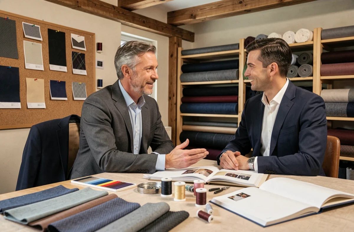 Client en consultation personnalisée pour un costume homme sur mesure à L'Atelier 5