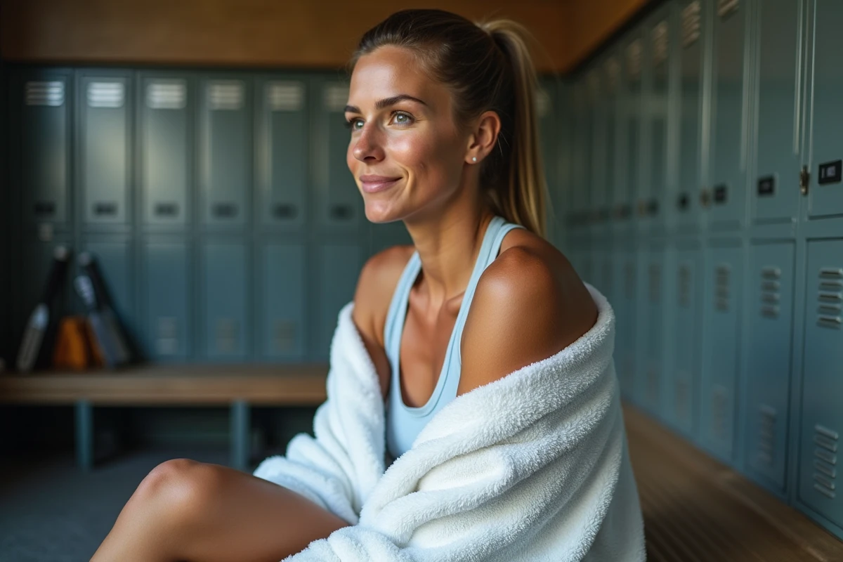 Sportive assise dans un vestiaire moderne avec serviette