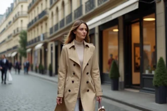 Femme élégante avec sac de luxe marchant sur l'Avenue Montaigne à Paris, façades haussmanniennes en arrière-plan