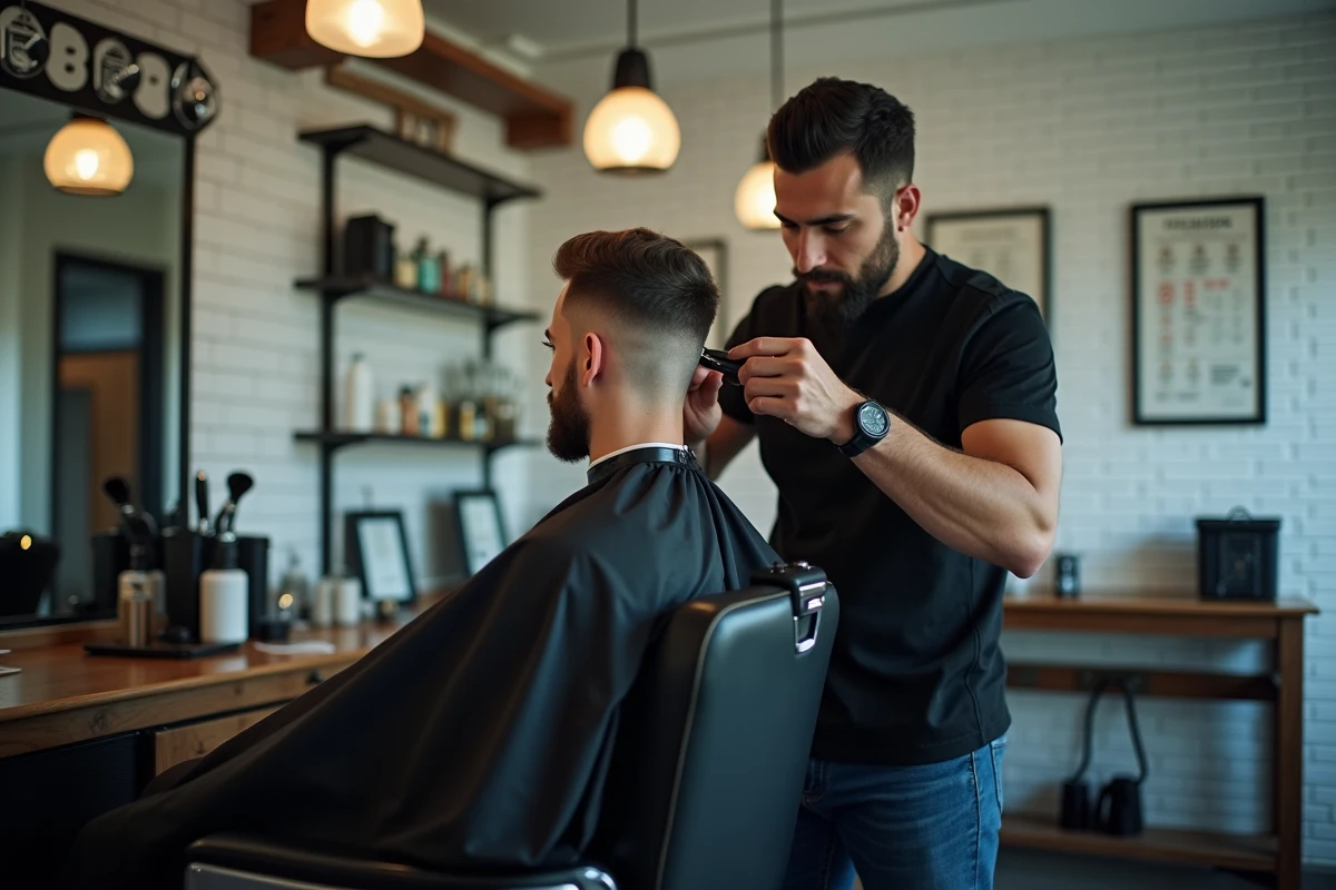 Barbier professionnel réalisant un dégradé espagnol court sur un client en salon de coiffure classique avec carrelage blanc et outils de coiffure