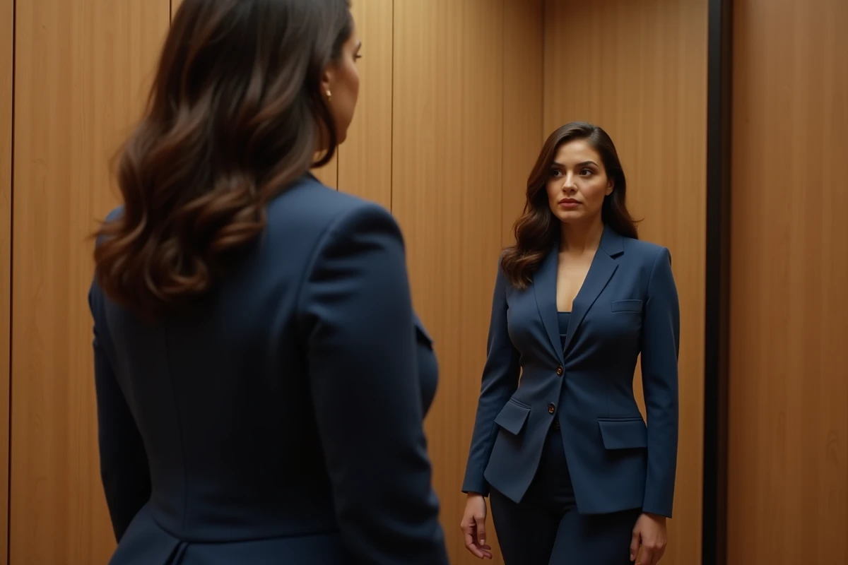 Femme grande taille essayant un blazer peplum en grain d3 marine devant un miroir en cabine d'essayage, effet amincissant de la coupe