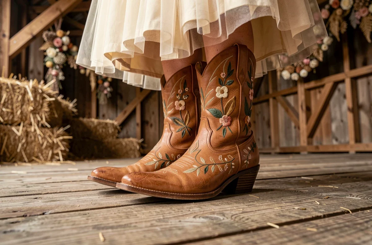 Gros plan de bottines country brodées en cuir caramel portées avec une jupe de mariée en tulle dans une grange rustique