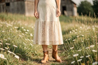 Femme en robe ivoire et bottines country en cuir tan dans un champ de fleurs sauvages lors d'un mariage champêtre