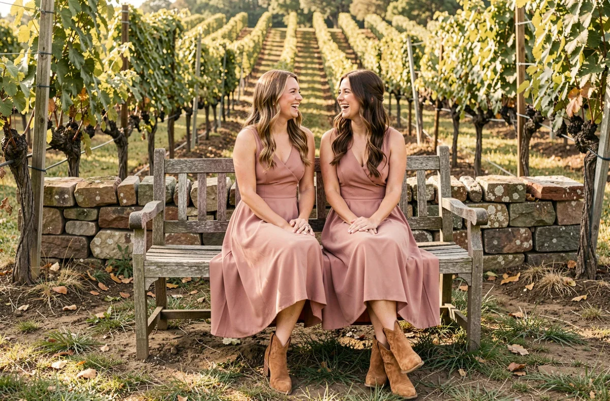 Deux demoiselles d'honneur en robes rose poudré et bottines country cognac assises sur un banc en bois dans un vignoble lors d'un mariage champêtre