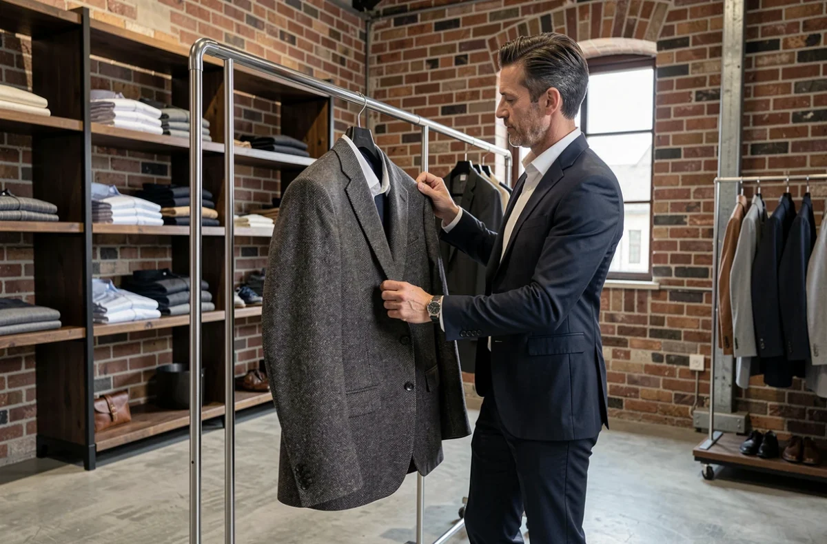 Vendeur dans une boutique de prêt-à-porter masculin à Saint-Quentin arrangeant un blazer sur portant