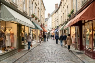 Rue commerçante normande avec des boutiques de prêt-à-porter féminin, vitrines colorées et passantes en train de flâner