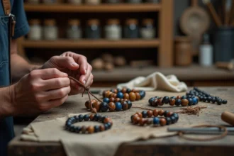 Mains d'artisan assemblant un bracelet pierre pour homme fait main sur un établi en bois, avec des perles en œil de tigre et lapis lazuli