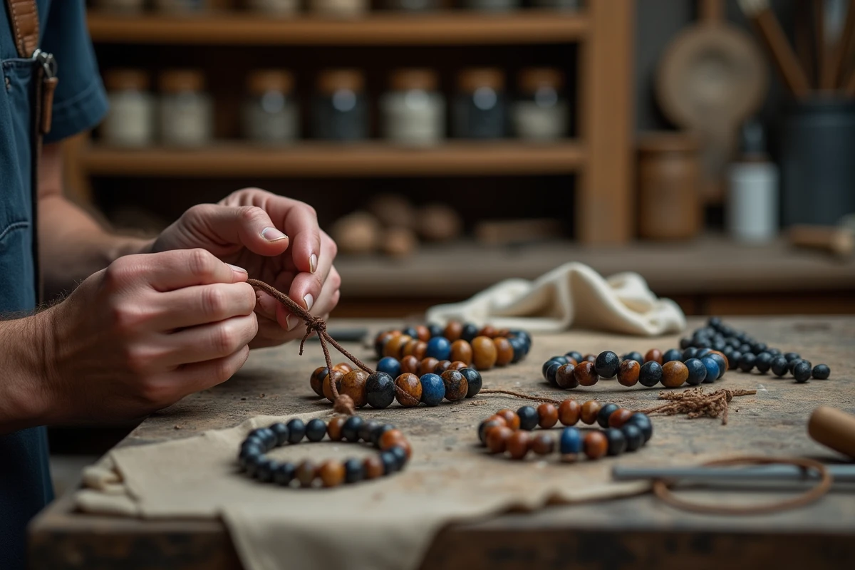 Mains d'artisan assemblant un bracelet pierre pour homme fait main sur un établi en bois, avec des perles en œil de tigre et lapis lazuli