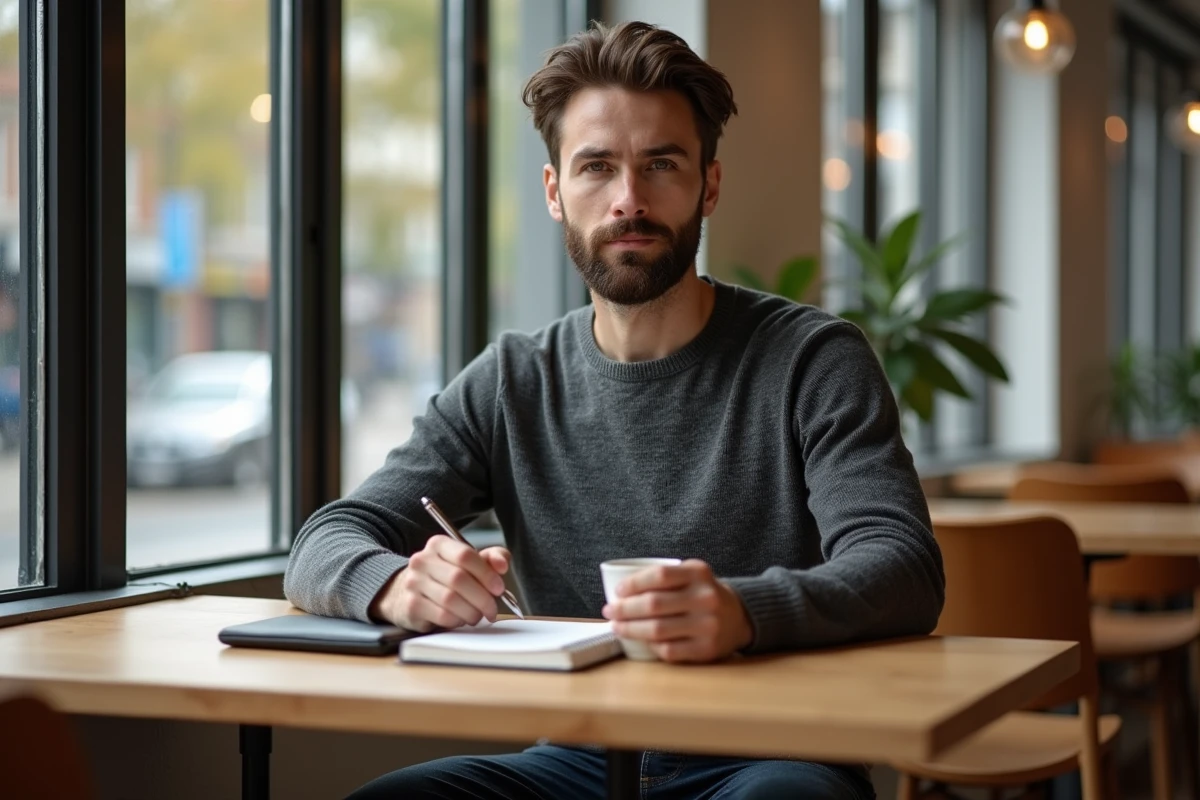 Homme barbu dans un cafe avec une pochette en cuir noir