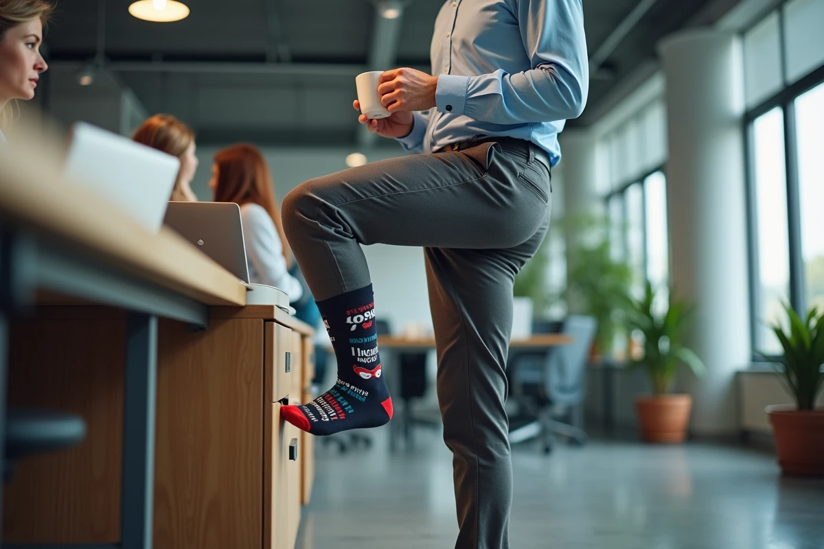 Homme au bureau levant le pied pour montrer ses chaussettes fantaisie avec message humoristique