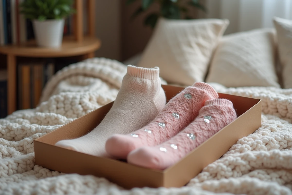 Gros plan sur des chaussettes paillettes dans une boîte cadeau