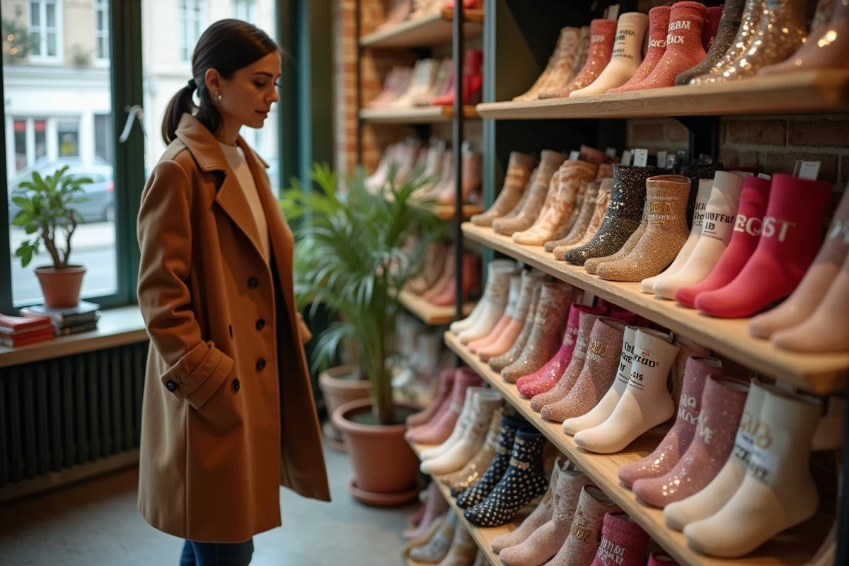 Femme découvrant des chaussettes paillettes avec messages motivants dans une boutique concept store parisienne au décor en brique
