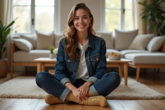 Jeune femme assise sur un parquet en bois portant des chaussettes paillettes dorées avec message brodé 'You Got This', ambiance cosy scandinave
