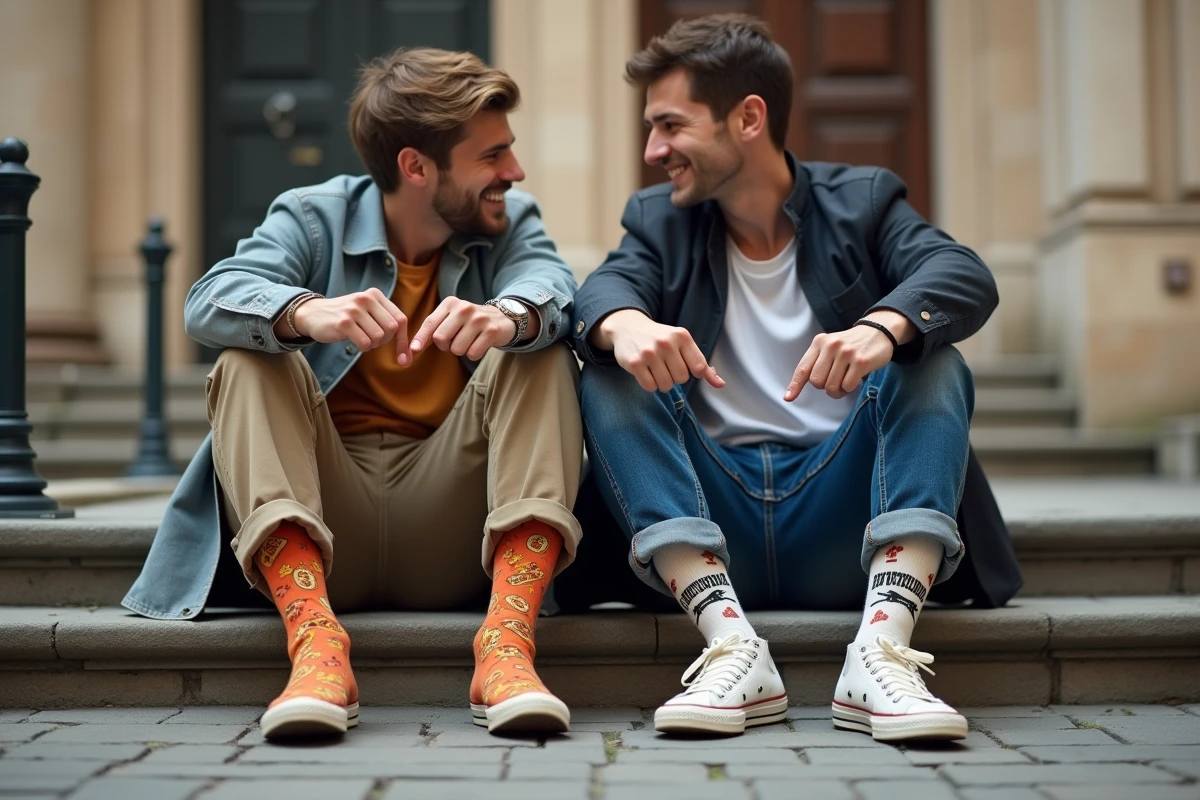 Deux hommes assis sur des marches comparant leurs chaussettes rigolotes et messages drôles imprimés