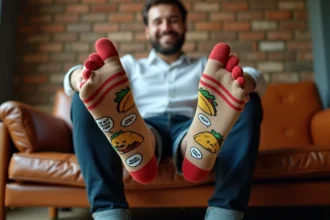 Homme en jeans assis montrant ses chaussettes rigolotes avec message drôle imprimé dessus