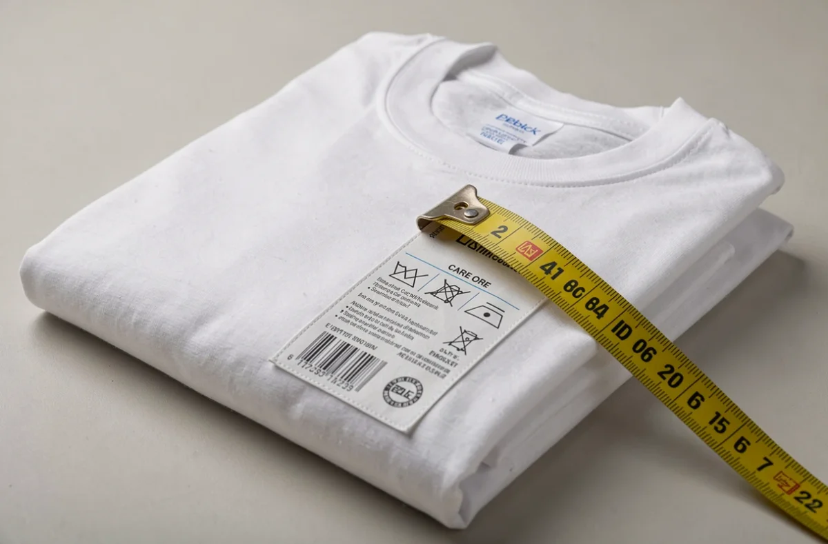 Chemise pliée avec étiquette d'entretien et mètre ruban pour vérifier les tailles