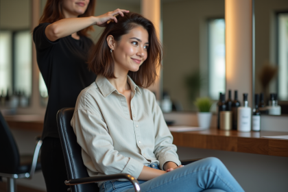 Jeune femme souriante avec coupe bob dans un salon moderne