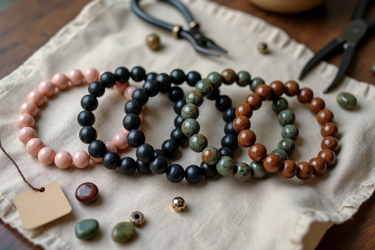 Collection de bracelets pour homme en pierres naturelles faits à la main disposés sur lin brut, incluant quartz rose, pierre de lave, aventurine et jaspe