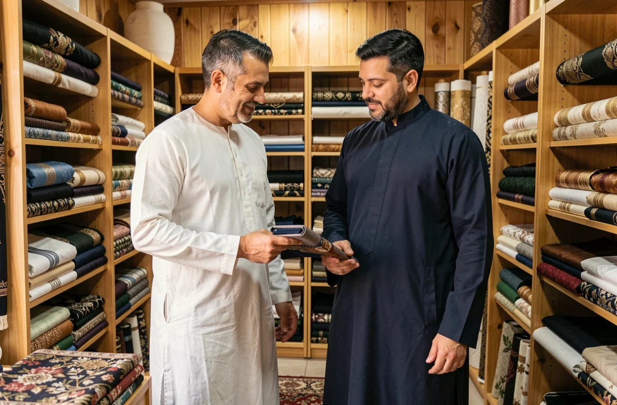 Deux hommes comparant un qamis et une djellaba dans une boutique de vêtements islamiques traditionnels