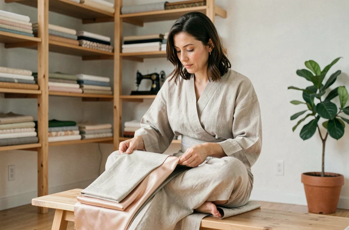 Femme comparant des échantillons de lin et de satin pour kimono dans un atelier de couture style scandinave