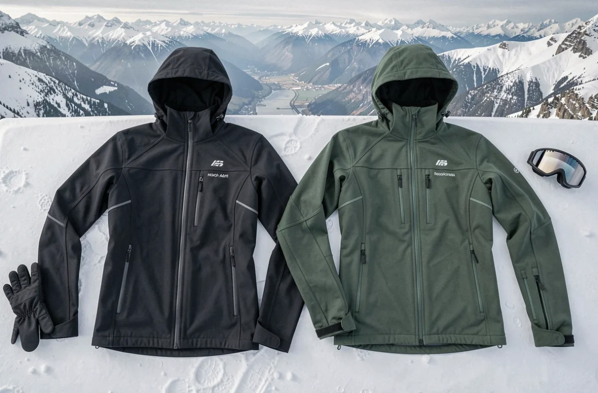 Comparaison de deux vestes de ski techniques posées sur la neige en montagne avec accessoires de ski, vue du dessus en flat lay