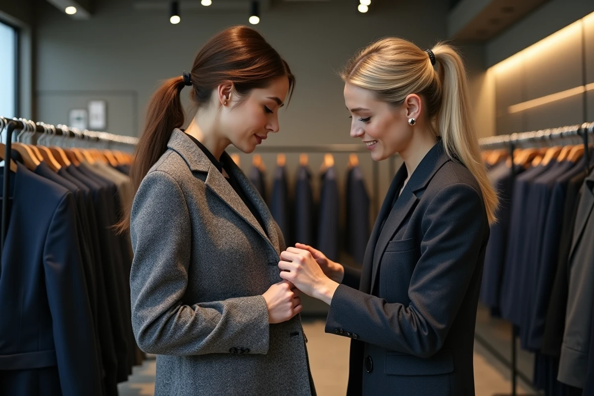 Vendeuse aidant une cliente à choisir la bonne taille de veste en magasin de prêt-à-porter