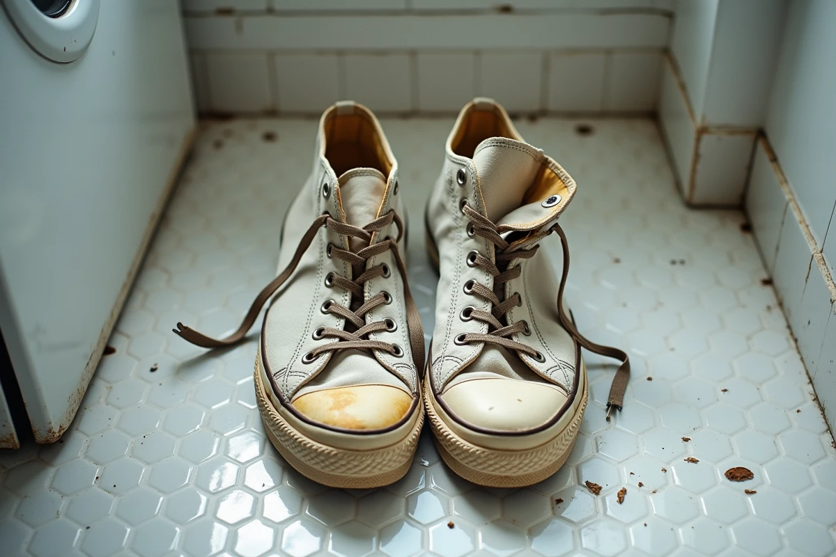 Converse blanches abîmées après un lavage en machine montrant semelle décollée, jaunissement et déformation du tissu