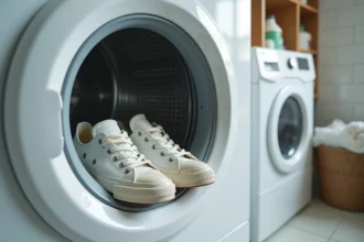 Paire de Converse blanches en toile placées incorrectement dans un lave-linge domestique sans filet de lavage, illustrant une erreur fréquente de nettoyage