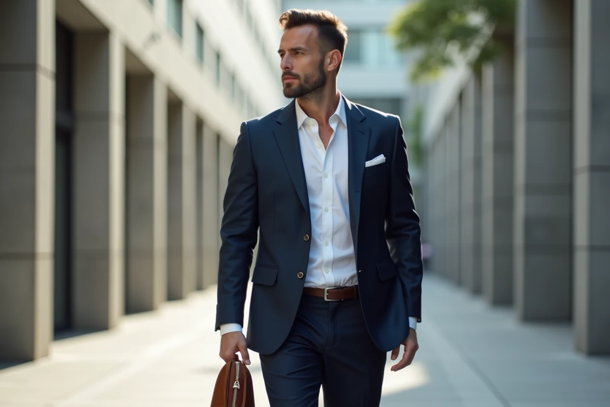 Homme en costume bleu marche dans la ville avec une pochette en cuir