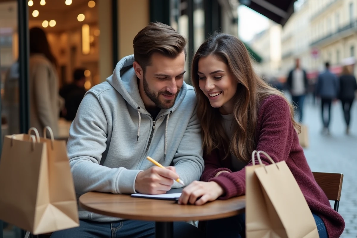Jeune couple faisant le bilan de leurs achats des soldes autour d'un café dans une rue commerçante française