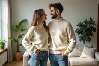 Jeune couple souriant en pulls crème dans un salon chaleureux