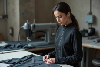 Créatrice française examinant une veste connectée dans un atelier de mode tech parisien