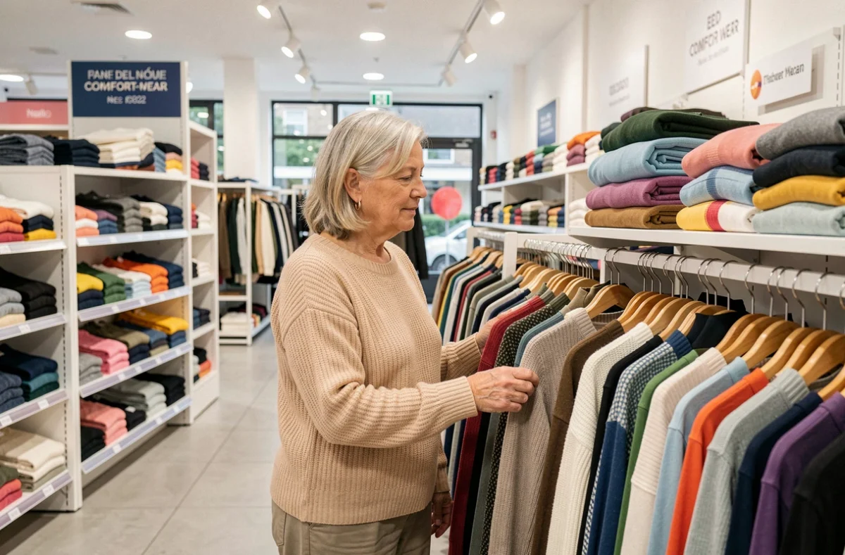 Femme d'âge mûr choisissant des vêtements confortables chez Damart à Fayet
