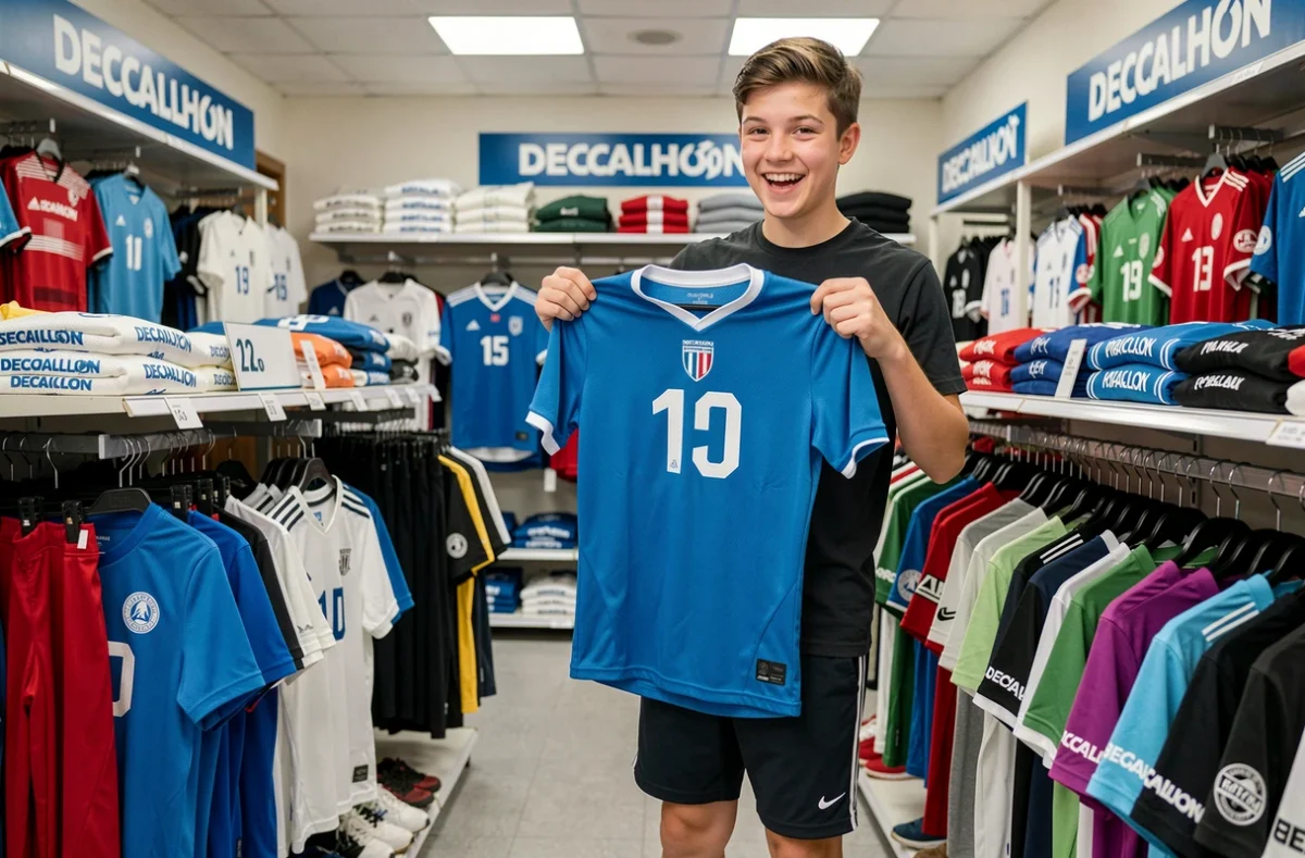 Adolescent essayant un maillot de football dans le Decathlon de Château-Thierry