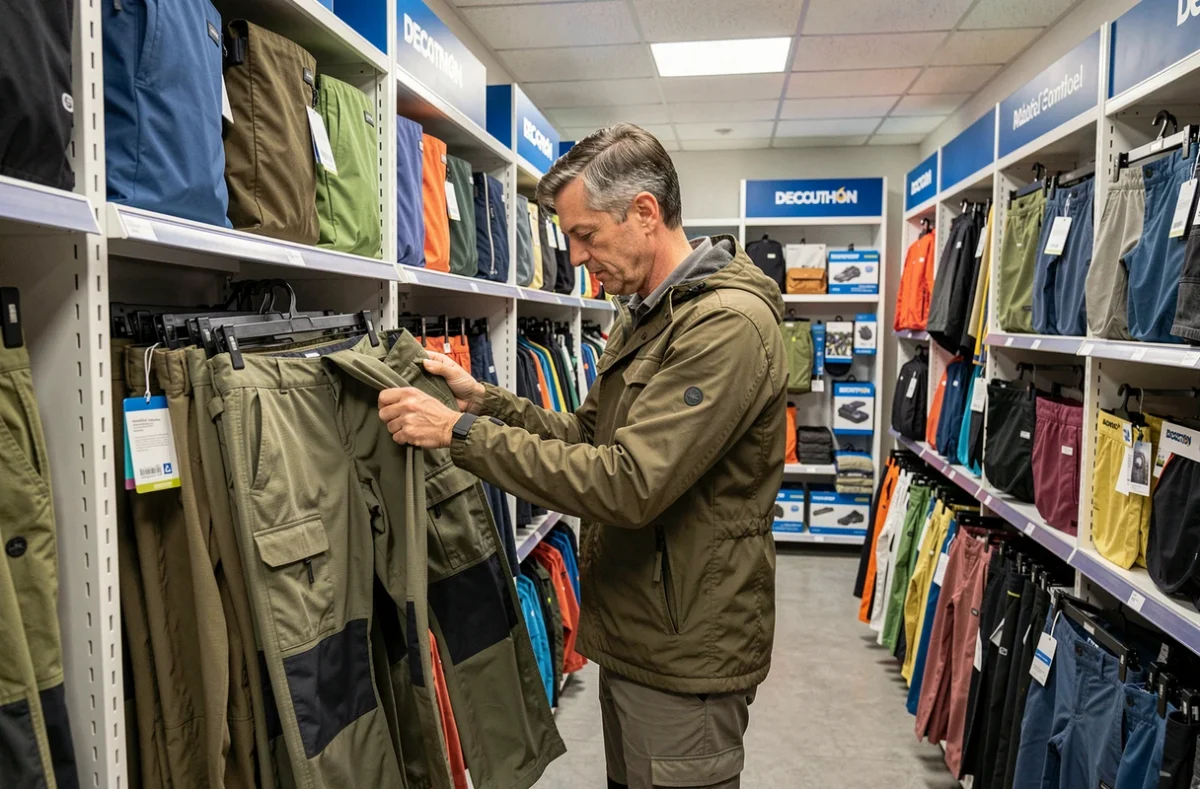 Homme choisissant un pantalon de randonnée dans le Decathlon compact de Laon-Chambry