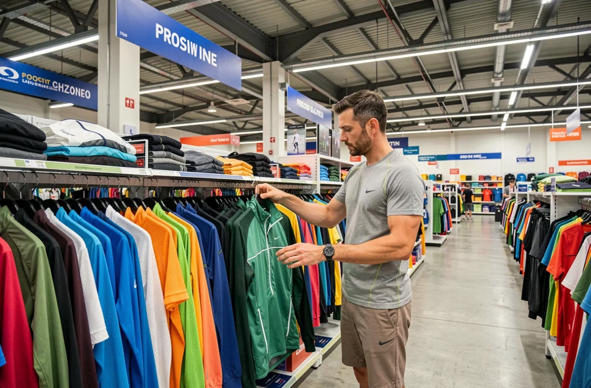 Homme examinant une veste de running dans le rayon vêtements de sport de Decathlon Saint-Quentin