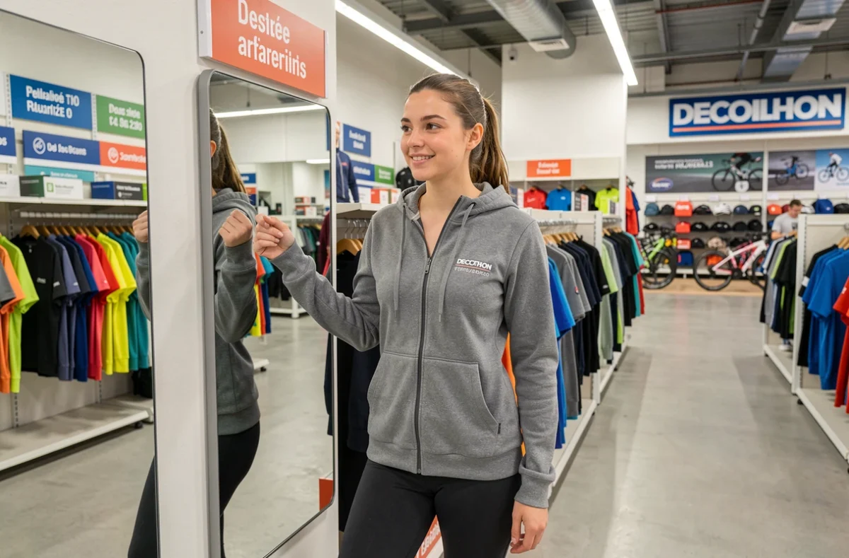 Jeune femme essayant un sweat de sport dans le Decathlon de Soissons