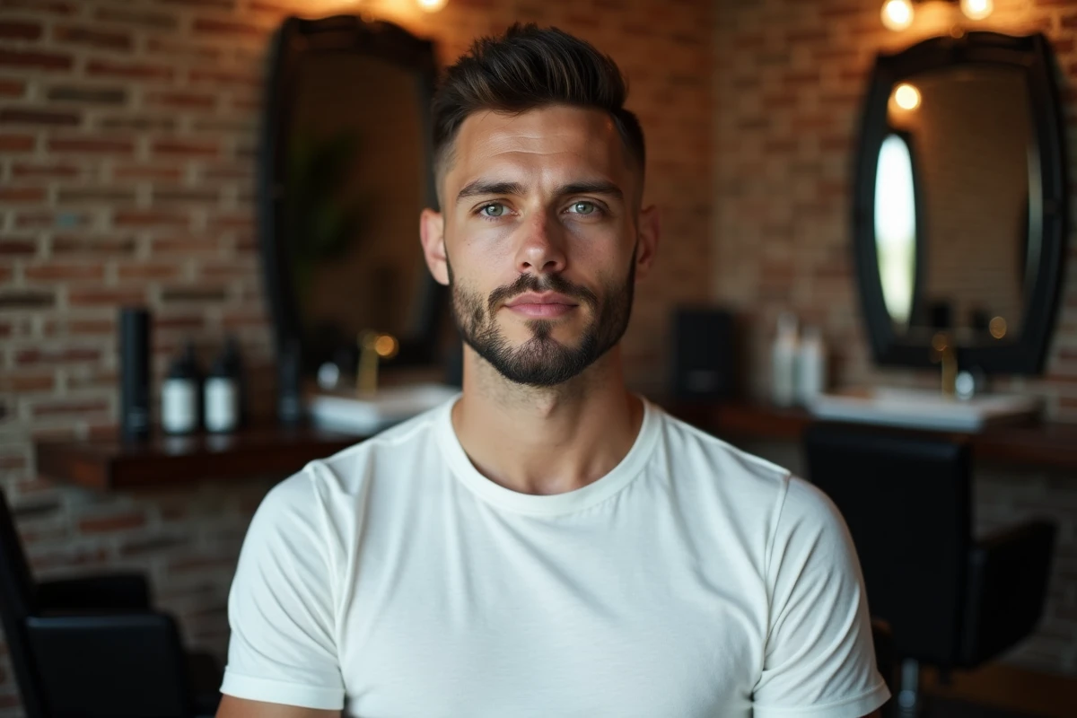 Homme aux cheveux courts avec dégradé espagnol bien travaillé, assis dans un fauteuil de barbier moderne dans un salon urbain haut de gamme