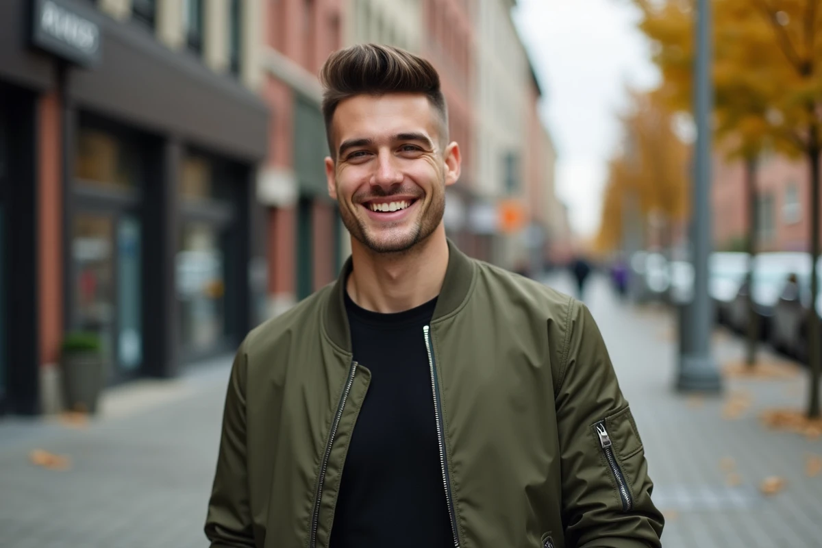Jeune homme avec coupe dégradée espagnole courte en extérieur urbain, portant un blouson bomber olive dans un décor de rue automnal