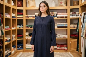 Femme portant un djilbeb coupe droite en boutique de mode islamique