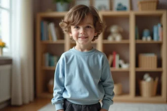Enfant de 5 à 6 ans portant des vêtements taille 116 légèrement grands dans une chambre enfantine confortable