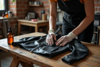 Femme appliquant un produit d'entretien sur un blouson en cuir noir posé sur un établi en bois