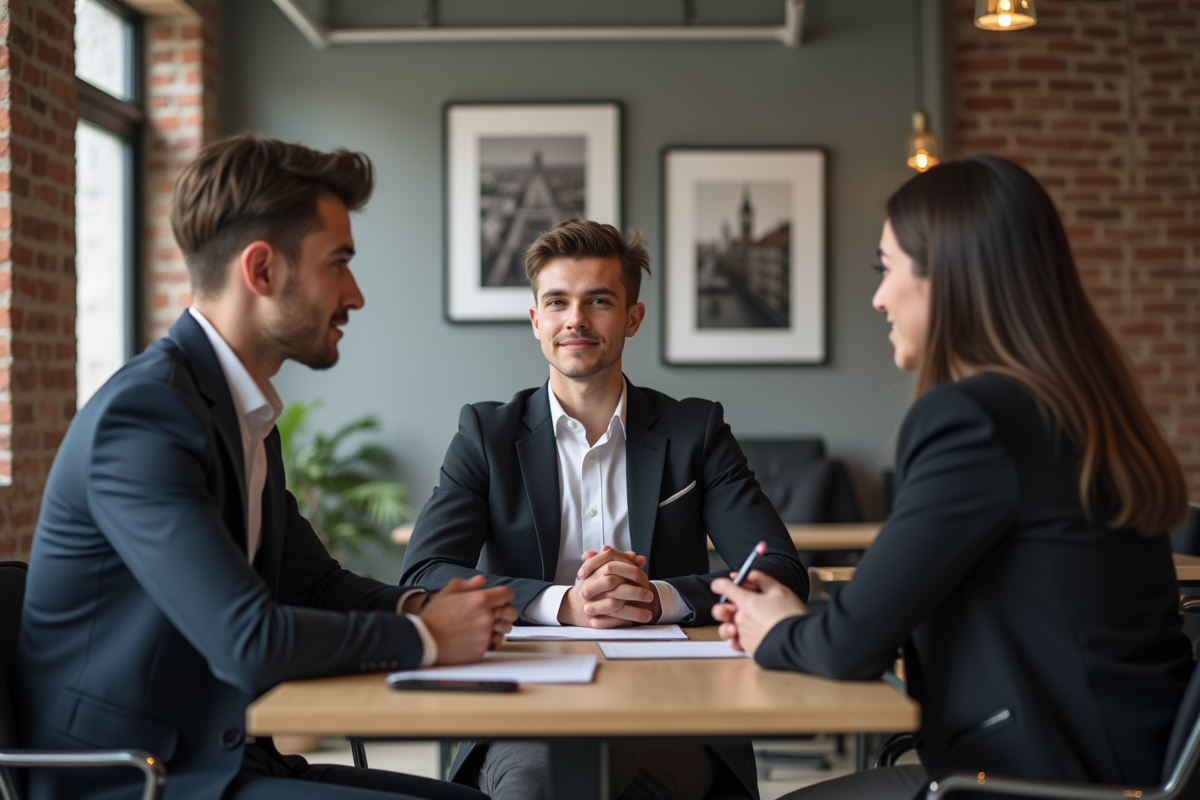 Jeune homme en entretien avec agence de mannequinat en intérieur
