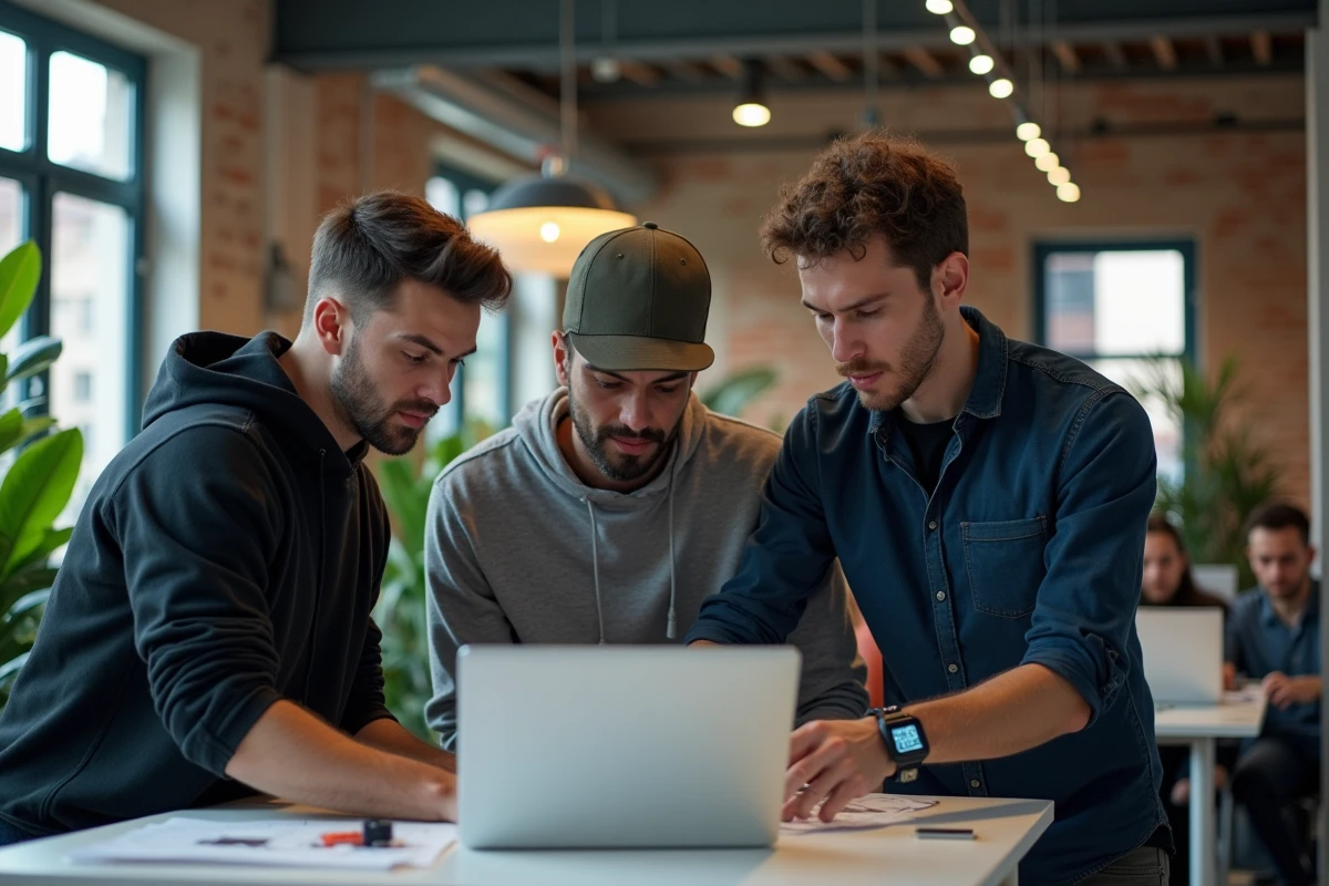 Équipe de startuppers français présentant des prototypes de vêtements connectés dans un espace de coworking
